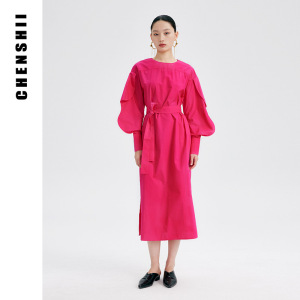 CHENSHII官方正品  春季新款纯棉法式圆领波浪袖连衣裙长裙