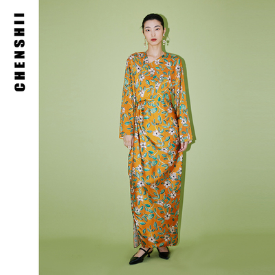 CHENSHII官方 2025秋季新款时尚设计感新中式结构褶饰长袖连衣裙