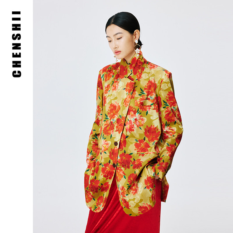 CHENSHII官方 秋季新款廓形设计感桑蚕丝西装礼服外套女