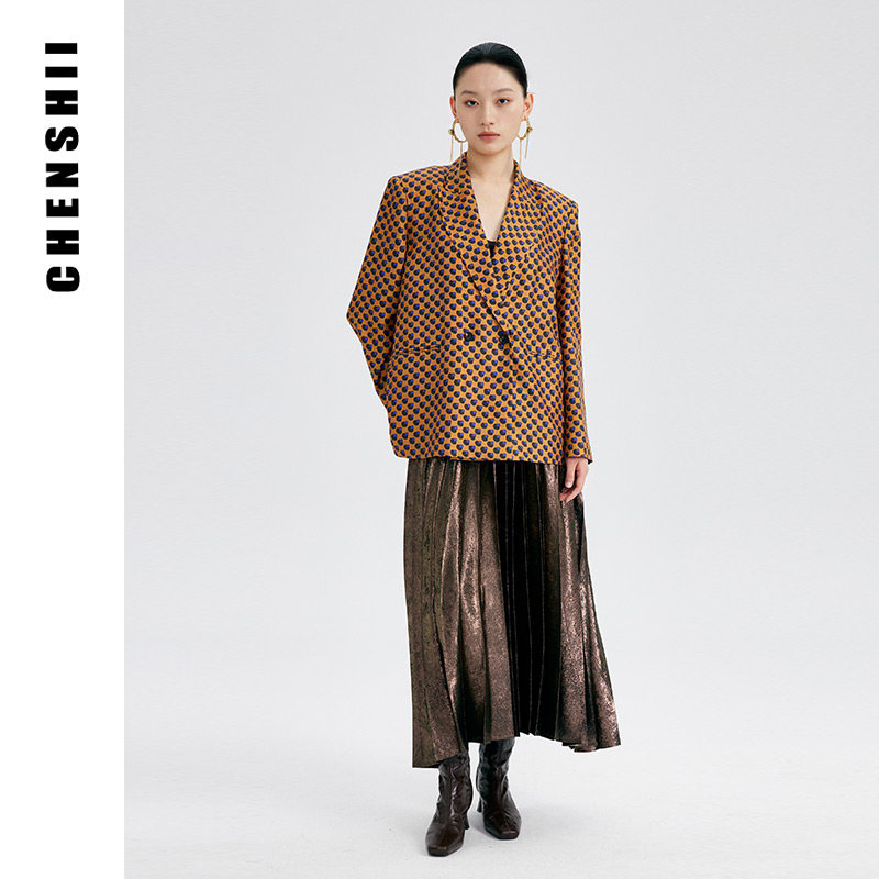 CHENSHII官方正品2026春季新款真丝印花休闲西装外套女款上衣短款