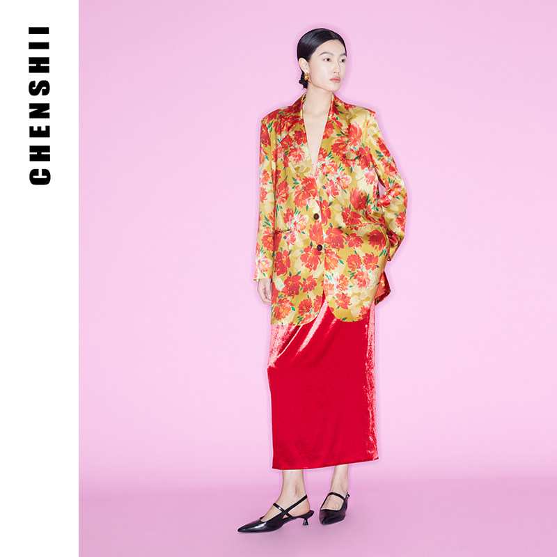 CHENSHII官方 秋季新款廓形设计感桑蚕丝西装礼服外套女