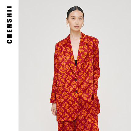 CHENSHII官方正品 2026秋季新款真丝印花休闲西装外套女款上衣