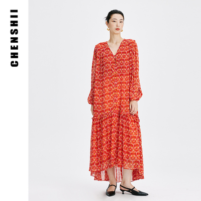 CHENSHII官方 2026春季新款设计感v领木耳边饰 桑蚕丝连衣裙