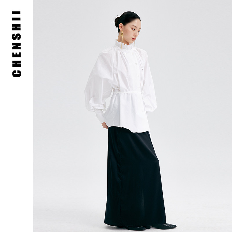 CHENSHII  秋季新款法式纯棉宽松木耳边碎褶衬衫女高级感衬衣
