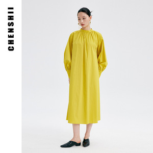 CHENSHII官方 正品春夏新款法式圆领长袖连衣裙长裙连衣裙