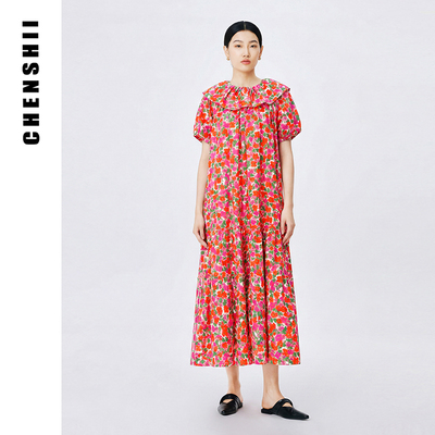 CHENSHII官方 2026夏季新品荷叶边一字肩褶饰连衣裙