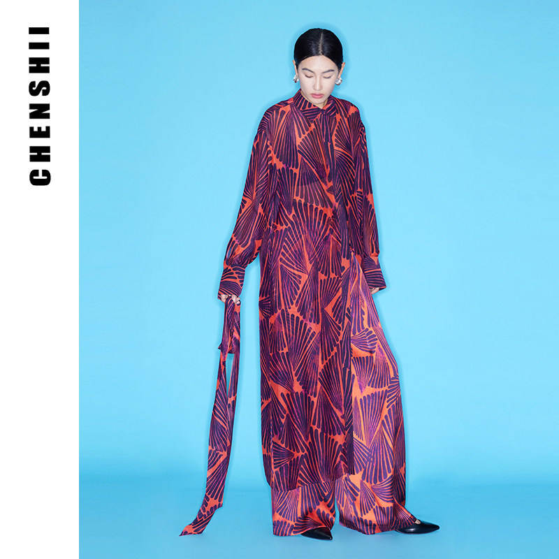 CHENSHII官方 2026春季新款设计感时尚衬衫式长款桑蚕丝连衣裙女