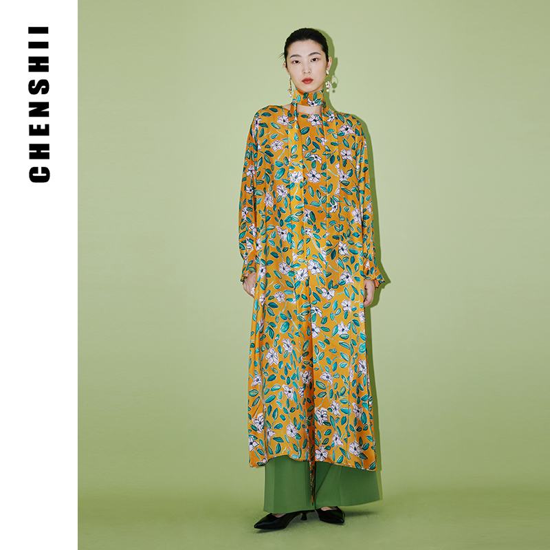 CHENSHII官方 秋季新款一字领16姆米素绉缎系带桑蚕丝长袖连衣裙