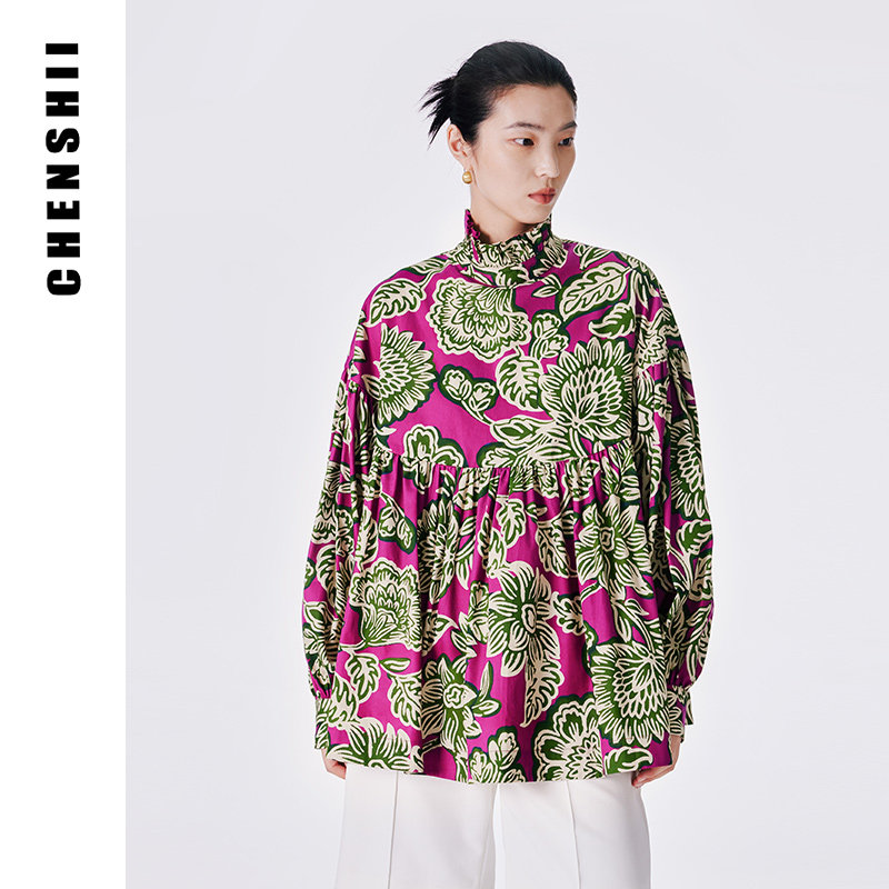 CHENSHII法式纯棉宽松青花瓷印花高领上衣衬衫木耳领碎褶上衣