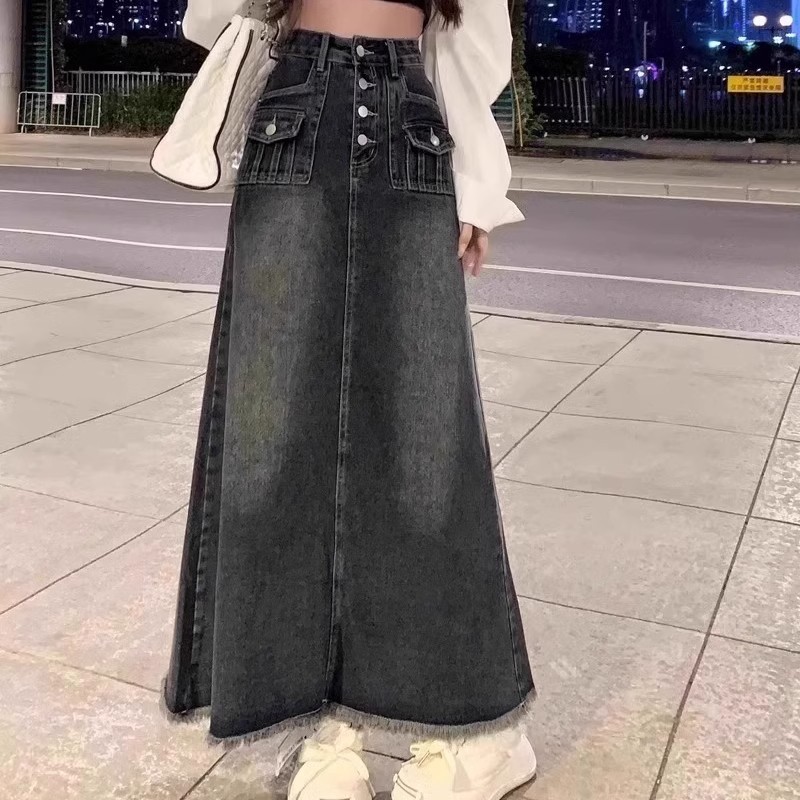 美式复古字牛仔半身裙女秋季高腰大码胖遮肉显瘦毛边中长伞裙棉