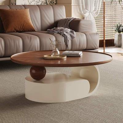 新款奶油风网红圆形茶几家用小户型客厅现代简约木纹民宿母子茶几