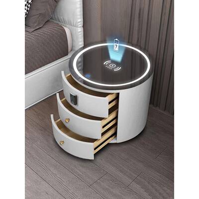 智能床头柜现代简约多功能音响密码指纹锁玻璃无线充电圆形床边柜