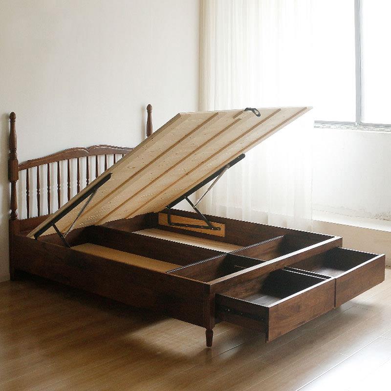 北美黑胡桃木实木法式复古储物床樱桃木原木中古风双人抽屉双人床