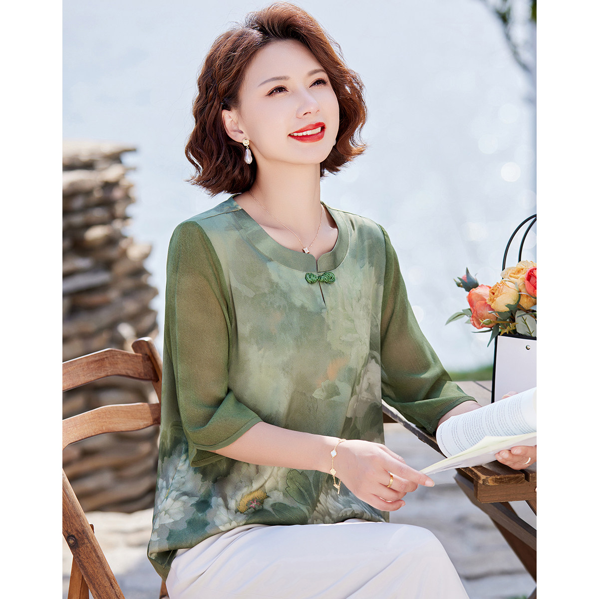 夏季薄款清凉透气七分袖国风盘扣中式圆领印花休闲雪纺弹力T恤女,女装/女士精品,中老年女装,淘宝优惠券,粉丝福利购,淘宝优惠卷
