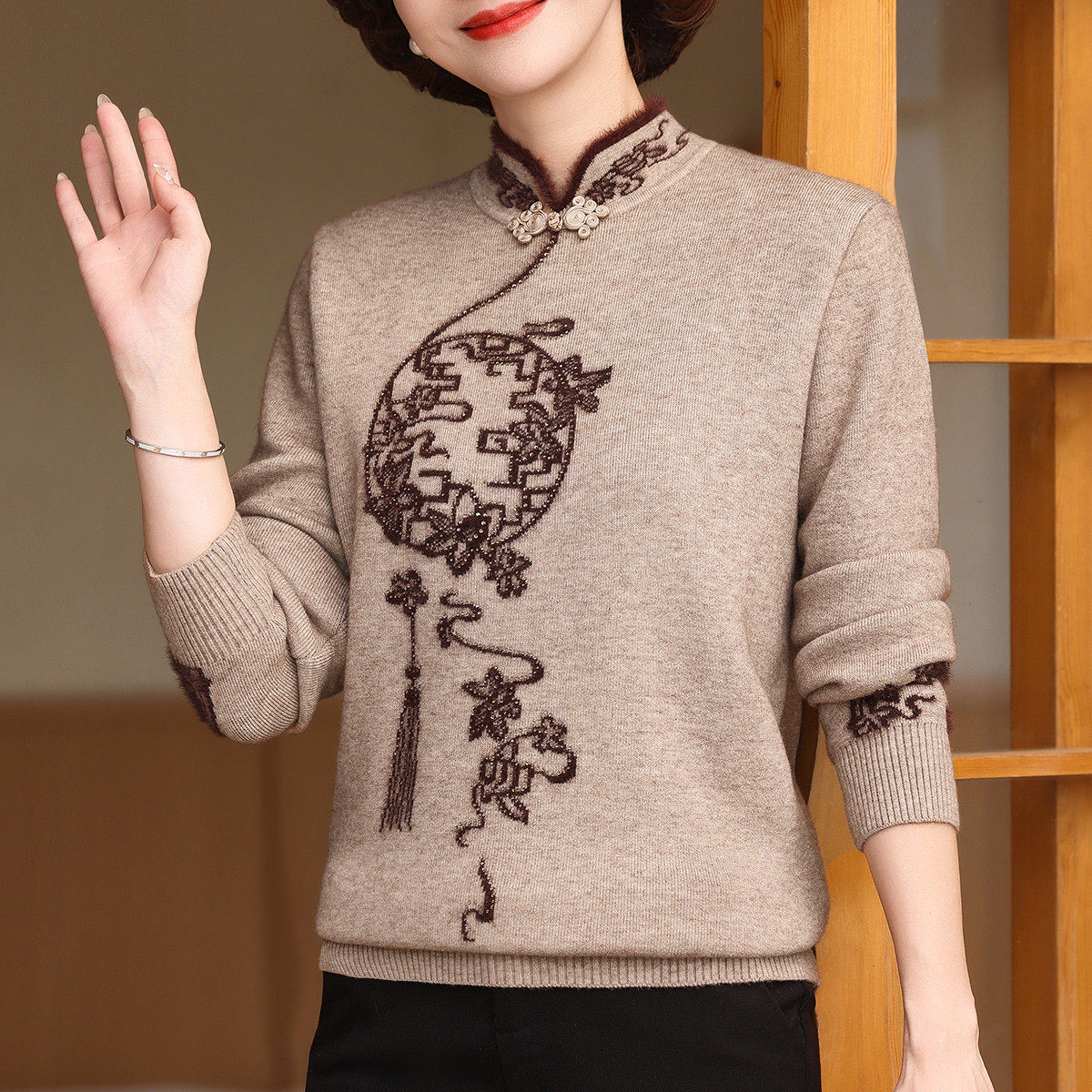 25年秋冬加厚保暖旗袍领盘扣毛衣中老年红色洋气本命年针织衫女,女装/女士精品,中老年女装,淘宝优惠券,粉丝福利购,淘宝优惠卷