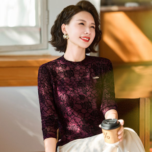 小衫 遮肉显瘦印花长袖 妈妈装 中老年时尚 女 2025秋装 打底衫 新款