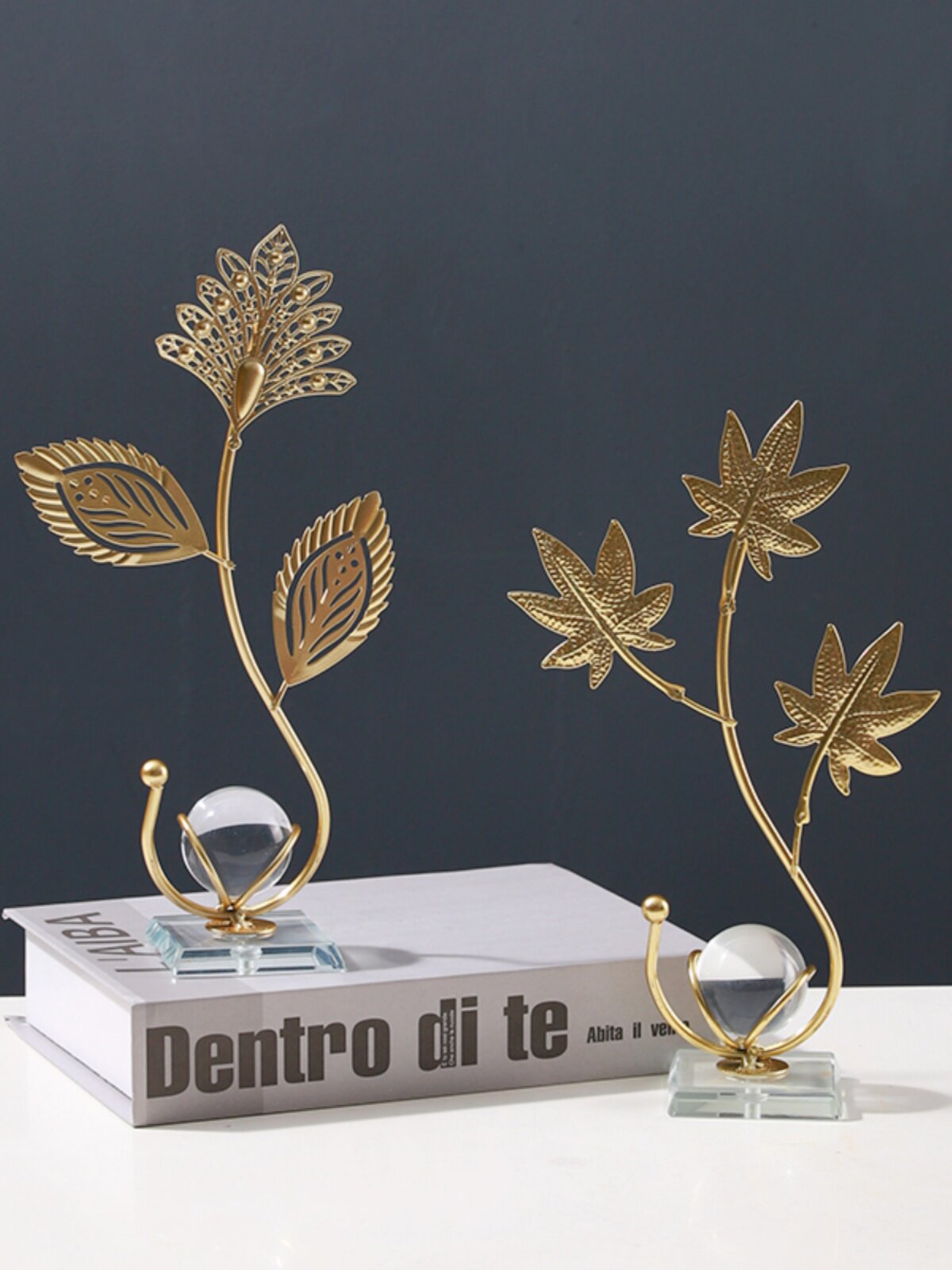 北欧铁艺金色树叶摆件客厅电视柜酒柜家居装饰品创意水晶球工艺品