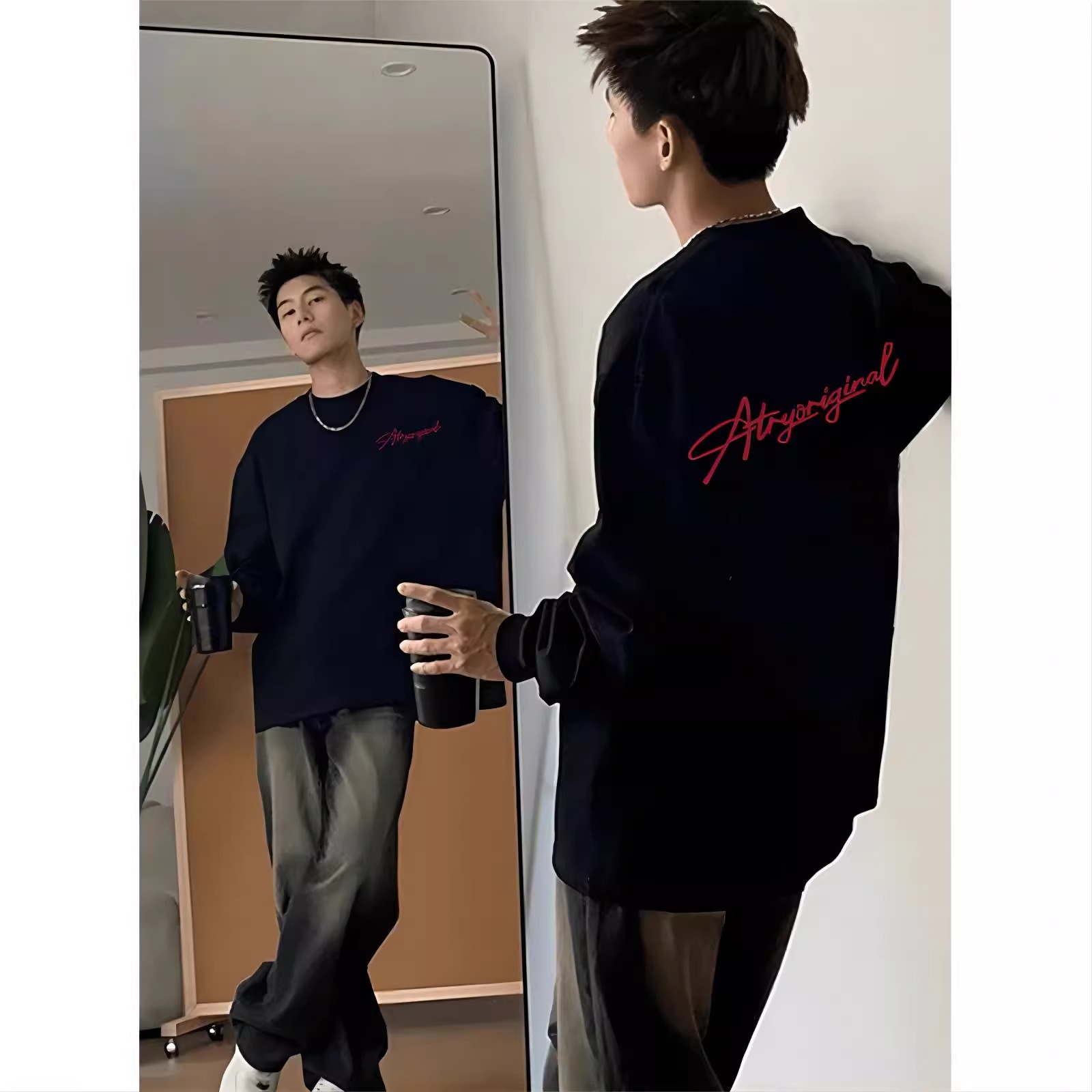 特大码300斤黑色重磅美式长袖t恤