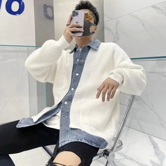 300斤大码男装高端牛仔拼接毛衣衬衫男长袖秋冬慵懒风宽松毛线衣2