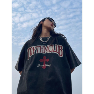 复古字母短袖 水洗美式 宽松t恤情侣潮牌百搭休闲上衣 男装 300斤大码