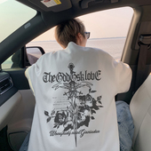 300斤十字架玫瑰印花男式 全棉t恤美式 高街青少年短袖 特大码 情侣装