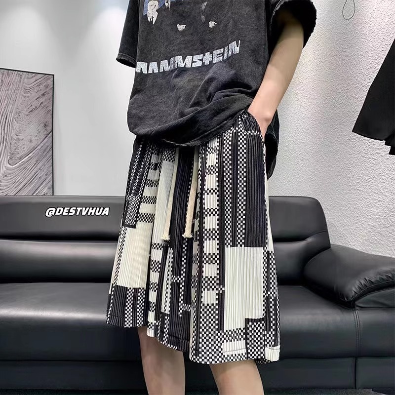 大码300斤褶皱冰丝短裤男夏季薄款宽松直筒裤美式复古潮牌运动裤2