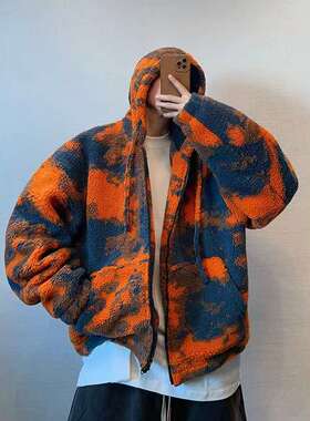 特大码300斤冬季复古痞帅橙色火烧云扎染连帽羊羔绒宽松潮牌外套2