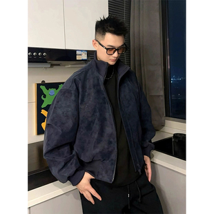 大码300斤美式扎染机车皮衣外套男教练飞行员夹克短款立领棒球服