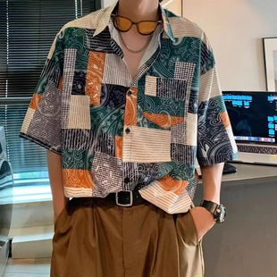 夏季 300斤大码 男短袖 男装 英伦雅痞帅宽松巴洛克风衬衣2 腰果花衬衫