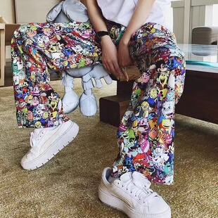 300斤大码男装多巴胺穿搭卡通印花休闲裤子男女夏季薄款宽松长裤2