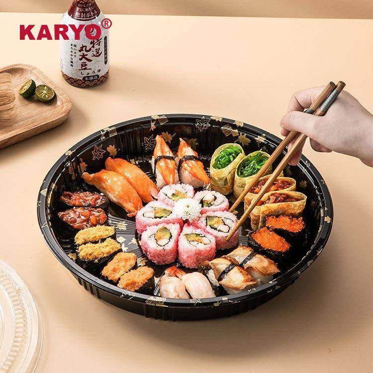 282圆形寿司打包盒一次性分隔圆盘日式印花深底平盖拼盘包装盒