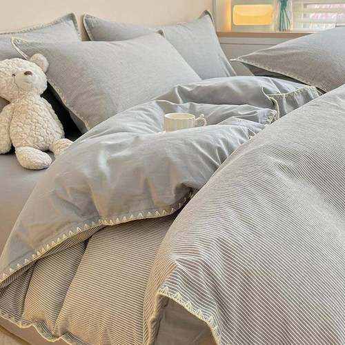A类简约水洗棉四件套纯棉全棉100床上用品纯色被套床单床笠三件套