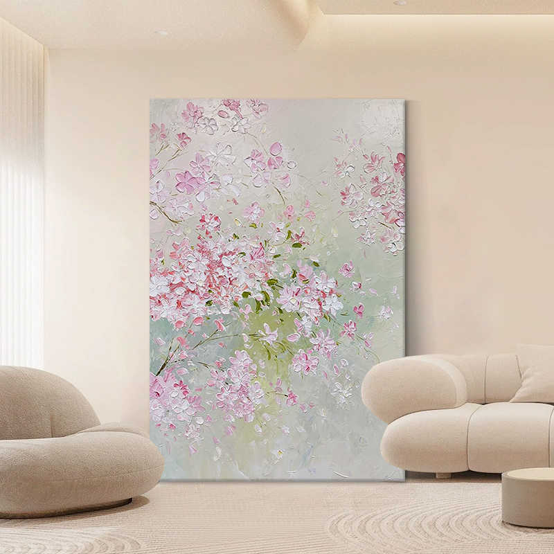 奶油风粉色花卉肌理手绘油画客厅抽象桃花装饰画玄关丙烯立体挂画图片