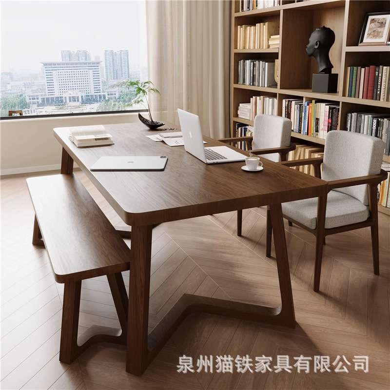 新中式全实木餐桌椅原木风胡桃木色大板桌家用客厅长桌办公电脑桌