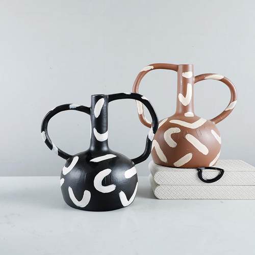 现代简约北欧极简黑白花纹树脂摆件花器摆件样板房客厅软装饰品