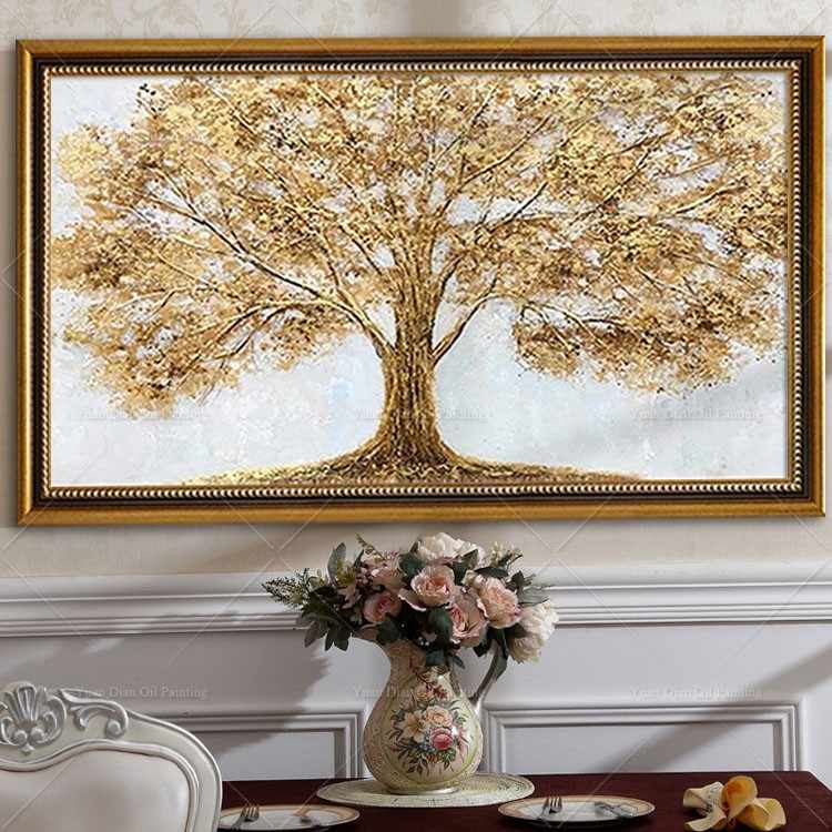 手绘横版厚油立体肌理发财树简欧装饰画客厅沙发背景墙现代轻奢画图片
