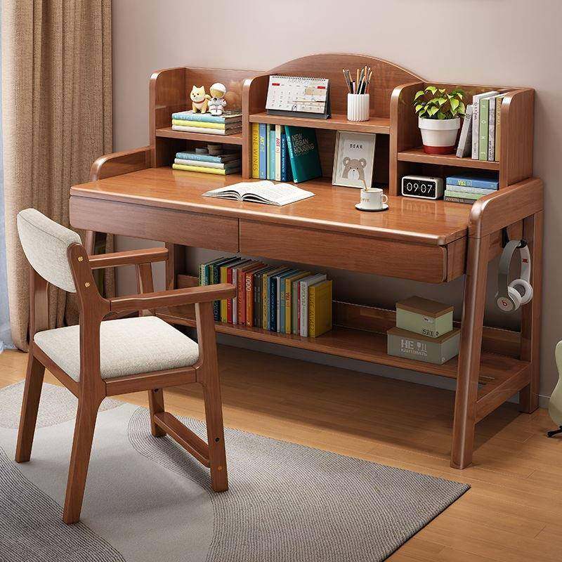 实木书桌手动升降桌中学生书桌卧室家用简约书桌书架一体写字桌椅