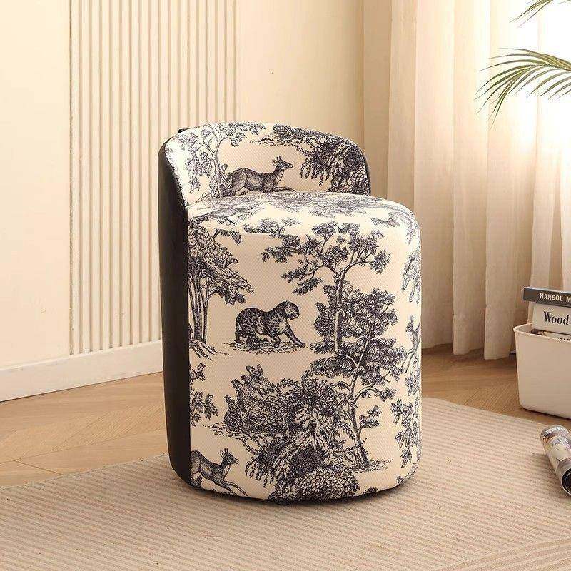中古风布艺梳妆凳金钱豹圆凳水墨画凳子家用轻奢化妆茶台沙发小凳
