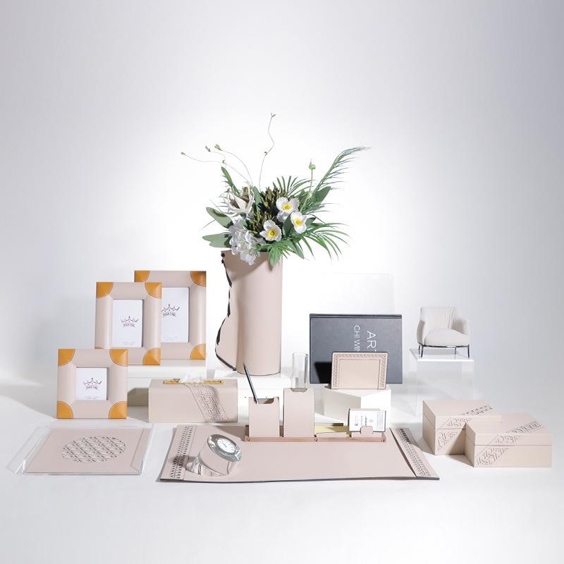 大星新品超纤皮质米黄色桌垫笔筒纸巾盒书架收纳组合高档摆件