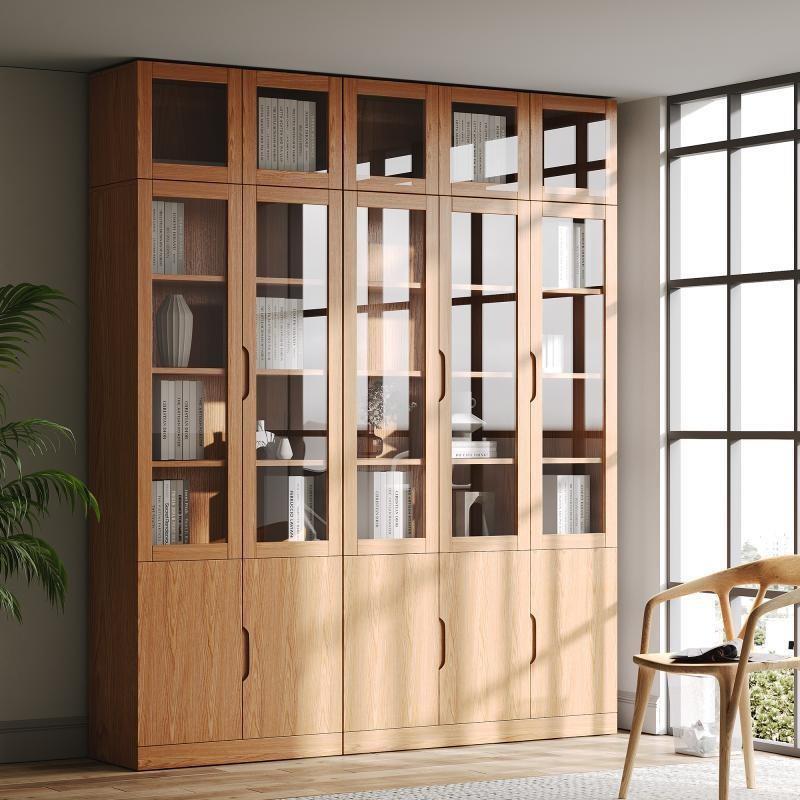 实木橡木书柜北欧玻璃门现代北欧落地办公室文件柜家用书架