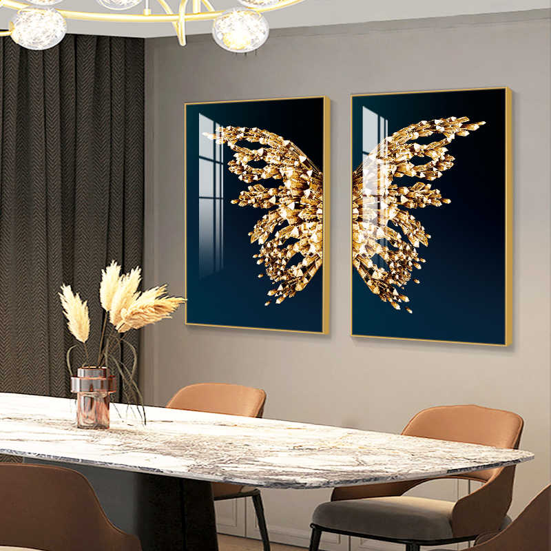 轻奢餐厅装饰画蝴蝶现代简约客厅饭厅背景墙挂画北欧餐桌两联壁画图片