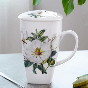 个性骨瓷大容量杯子带盖带把欧式家用简约水杯女韩式陶瓷杯马克杯