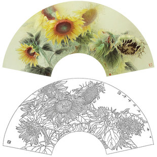速发笔工画白描底稿实物勾线白纸打印稿龚雪青扇面向Q葵X日1