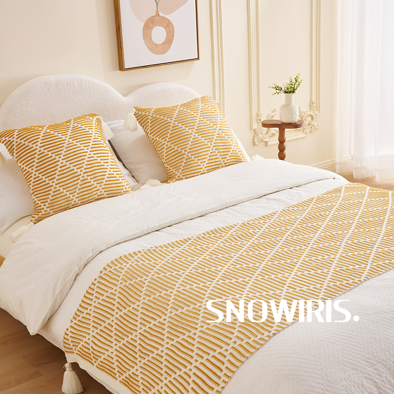 速发纯色针店床旗民宿酒织床尾房鱼尾毯样板巾装饰毯盖毯抱枕组合