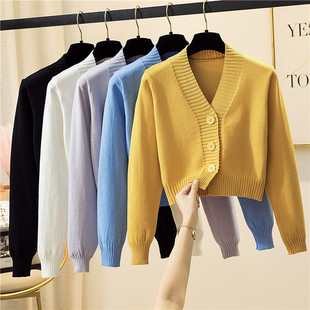 速发衣2高腰毛短小外套20款1秋装新款纯色百搭针织小开衫潮