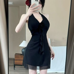 速发衣感网纱挂脖露肩名媛气质夜场店短款吊带背腰收心包臀连性裙