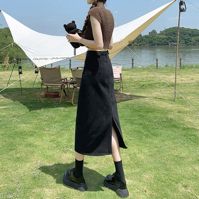 速发黑色2叉牛仔半身字春秋开024新款小个子高腰遮跨a裙中长裙