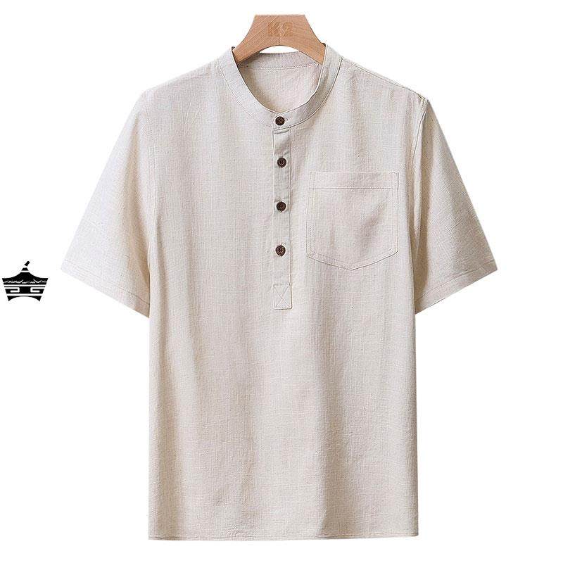 夏季中年男装亚麻衬衫男短袖t恤爸爸装中老年爷爷宽松开衫上衣服