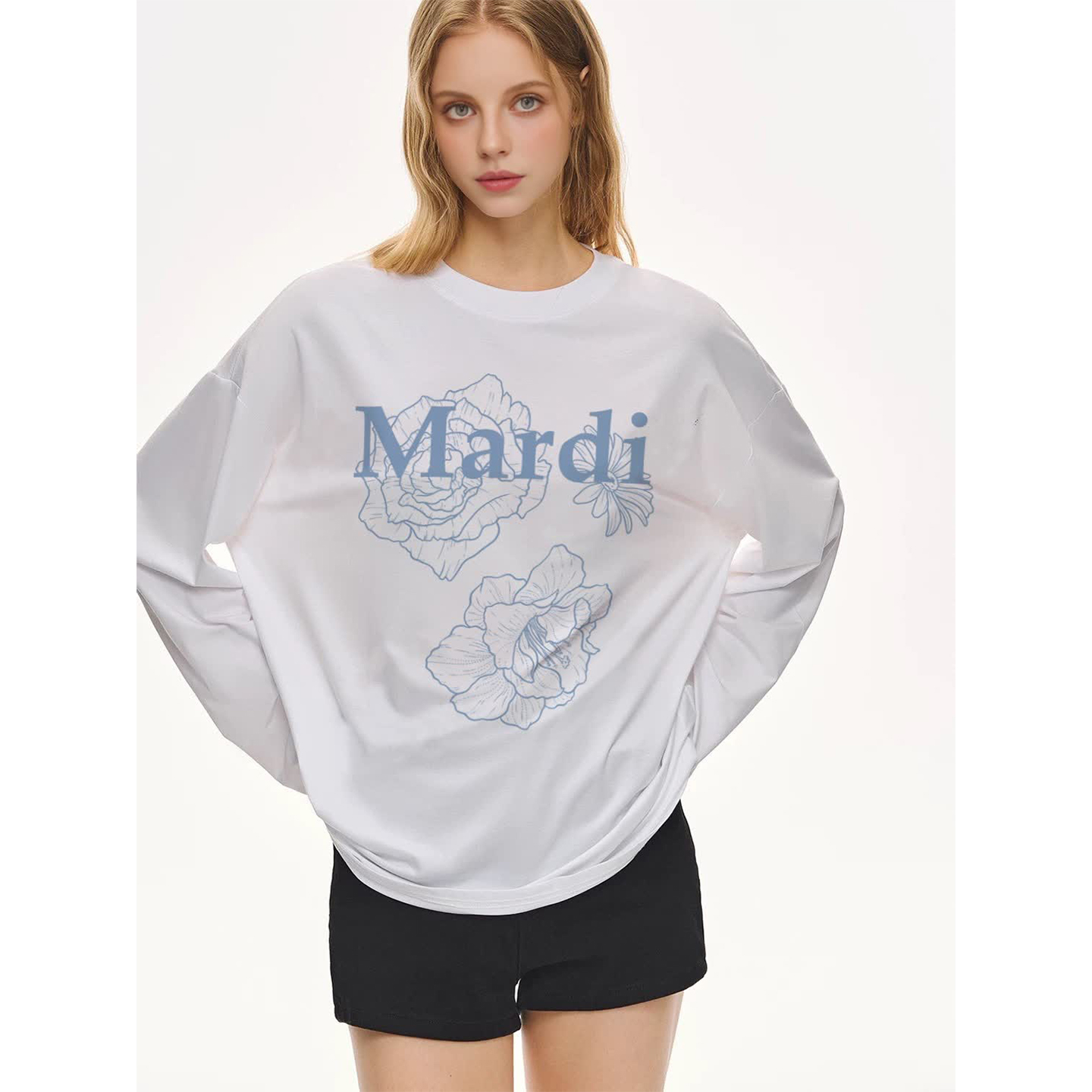 Mardi花朵印花轻奢天丝休闲 T恤25春夏新款宽松百搭打底长袖上衣