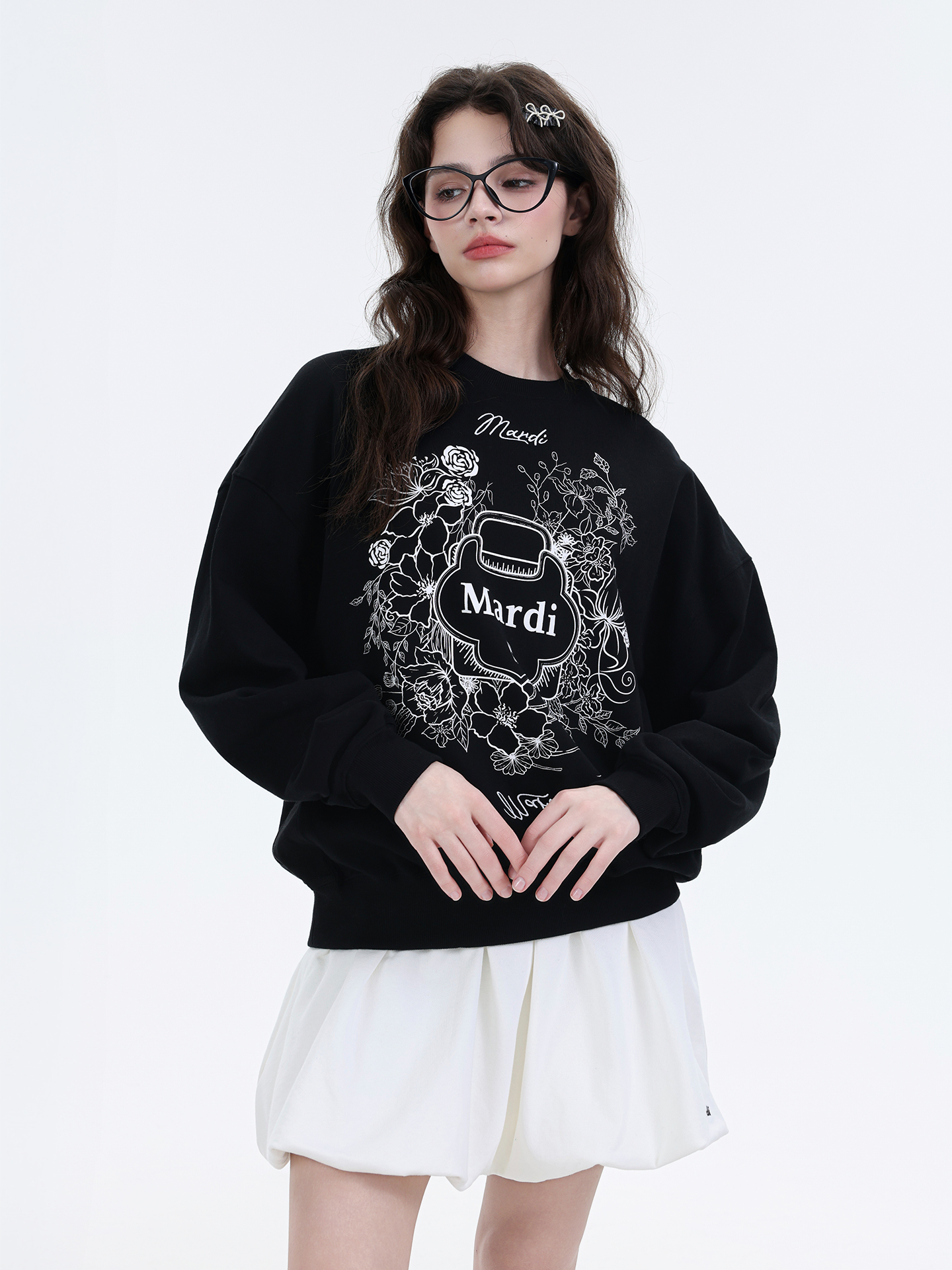 Mardi覆古休闲圆领长袖卫衣25秋冬新款韩系经典印花宽松内搭上衣